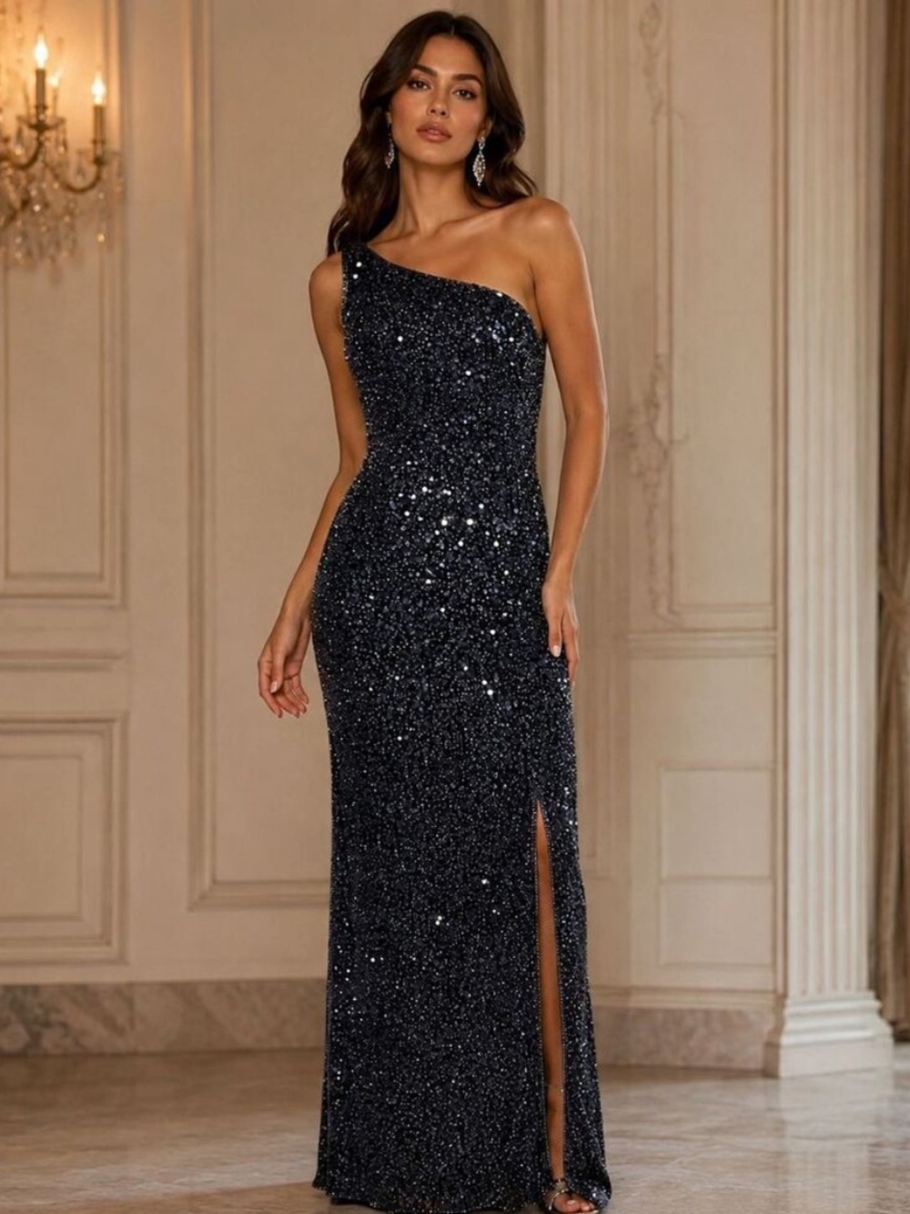 SCALA Vintage Women’s Beaded One Shoulder Gown. Navy size medium.